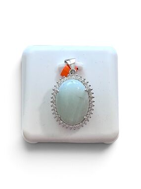 Rhodium Plated Sterling Silver Oval Amazonite Halo Pendant